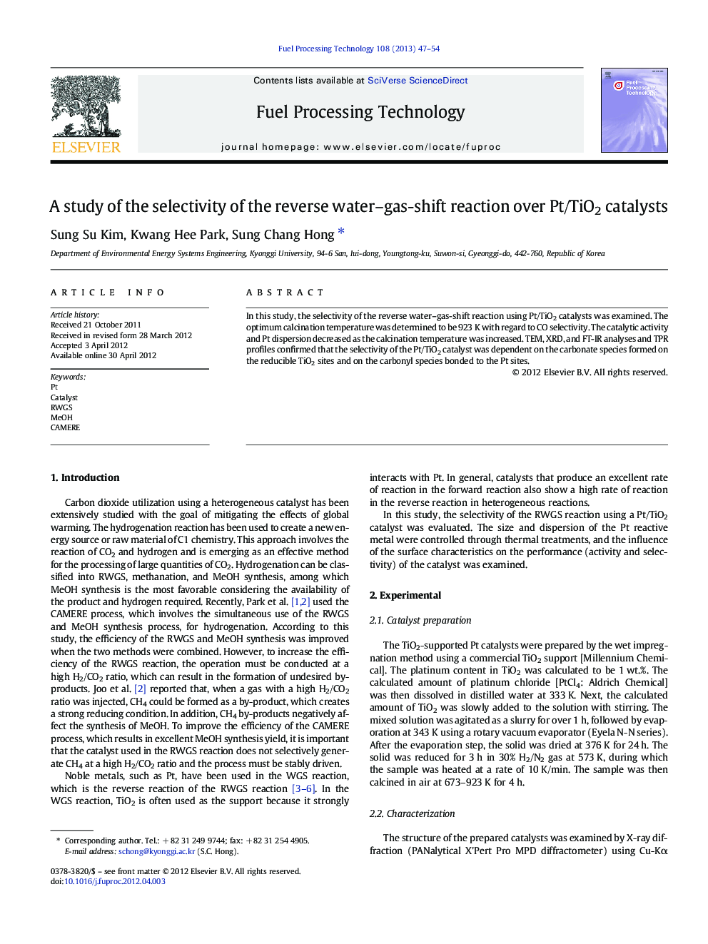 A study of the selectivity of the reverse water–gas-shift reaction over Pt/TiO2 catalysts