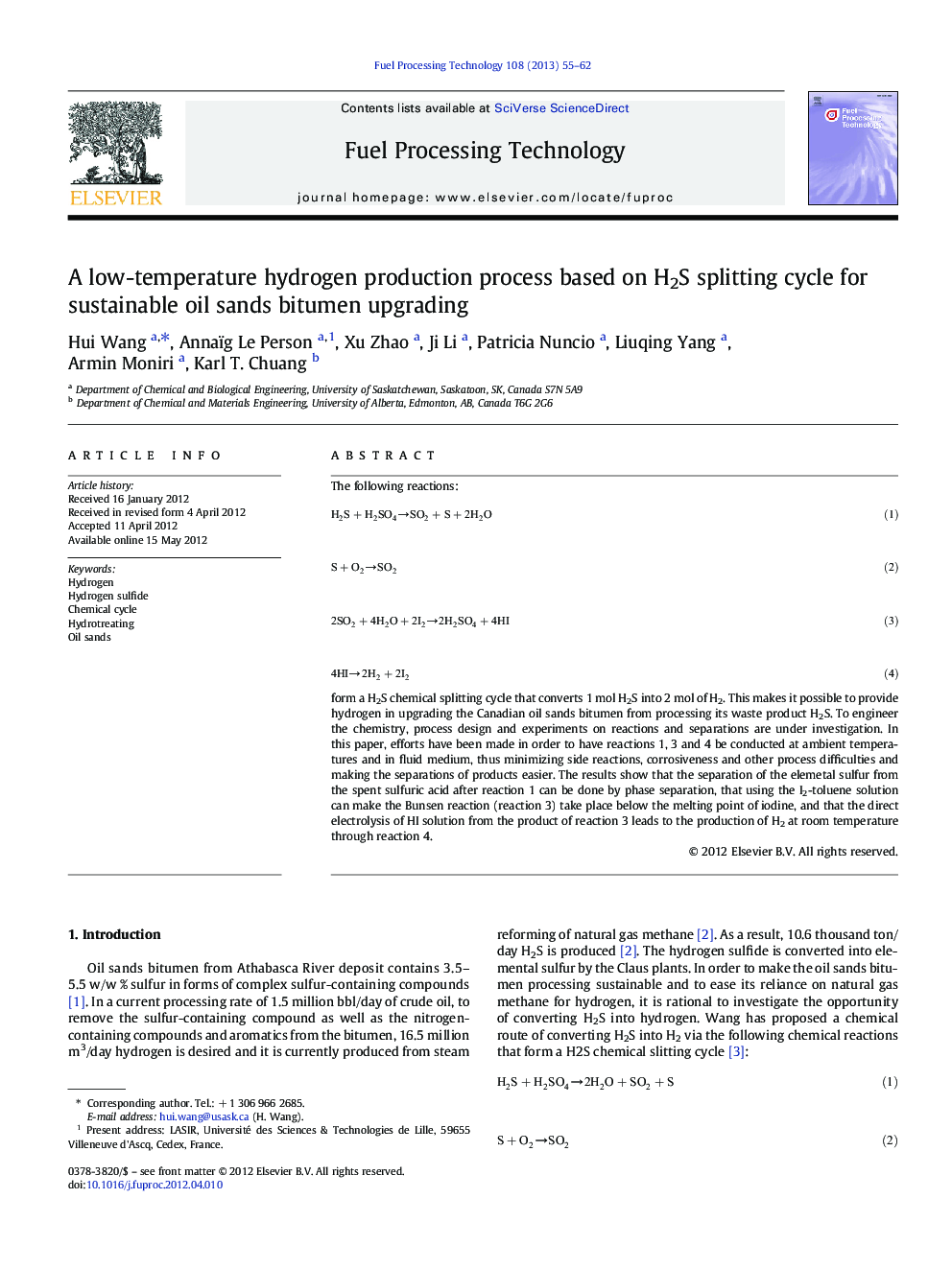 A low-temperature hydrogen production process based on H2S splitting cycle for sustainable oil sands bitumen upgrading