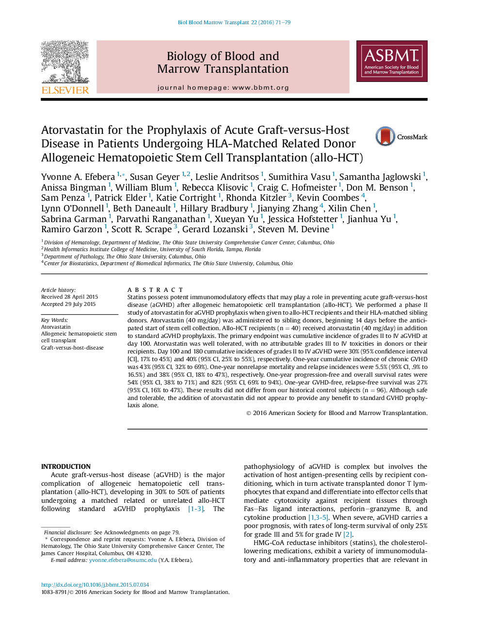 Atorvastatin for the Prophylaxis of Acute Graft-versus-Host Disease in Patients Undergoing HLA-Matched Related Donor Allogeneic Hematopoietic Stem Cell Transplantation (allo-HCT) 