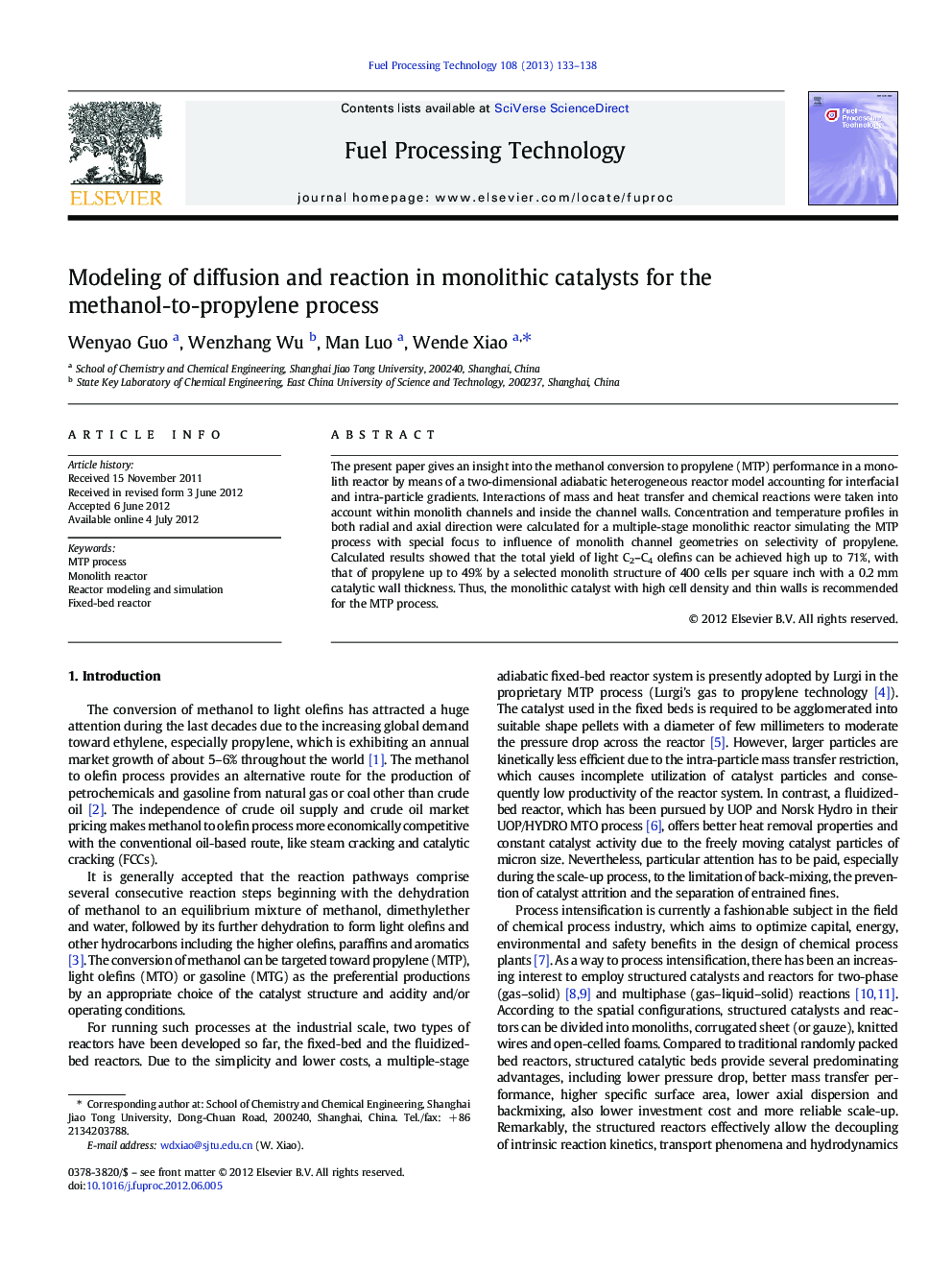 Modeling of diffusion and reaction in monolithic catalysts for the methanol-to-propylene process