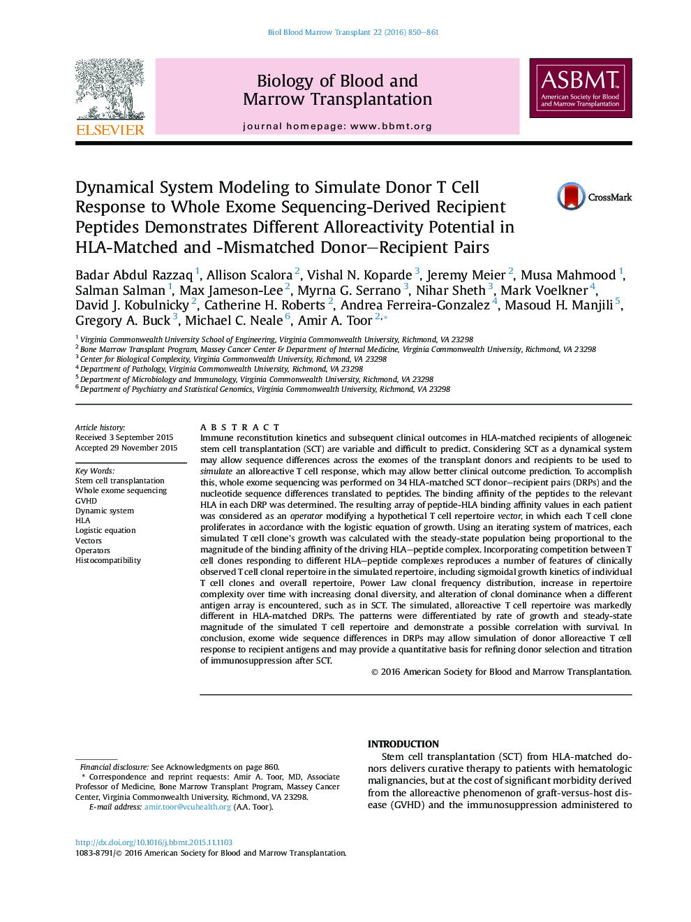 Dynamical System Modeling to Simulate Donor T Cell Response to Whole Exome Sequencing-Derived Recipient Peptides Demonstrates Different Alloreactivity Potential in HLA-Matched and -Mismatched Donor–Recipient Pairs 