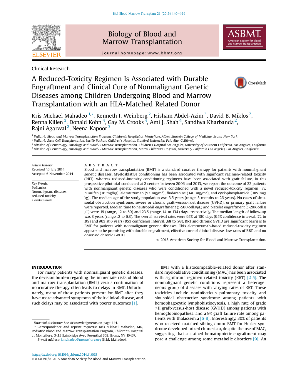 A Reduced-Toxicity Regimen Is Associated with Durable Engraftment and Clinical Cure of Nonmalignant Genetic Diseases among Children Undergoing Blood and Marrow Transplantation with an HLA-Matched Related Donor 