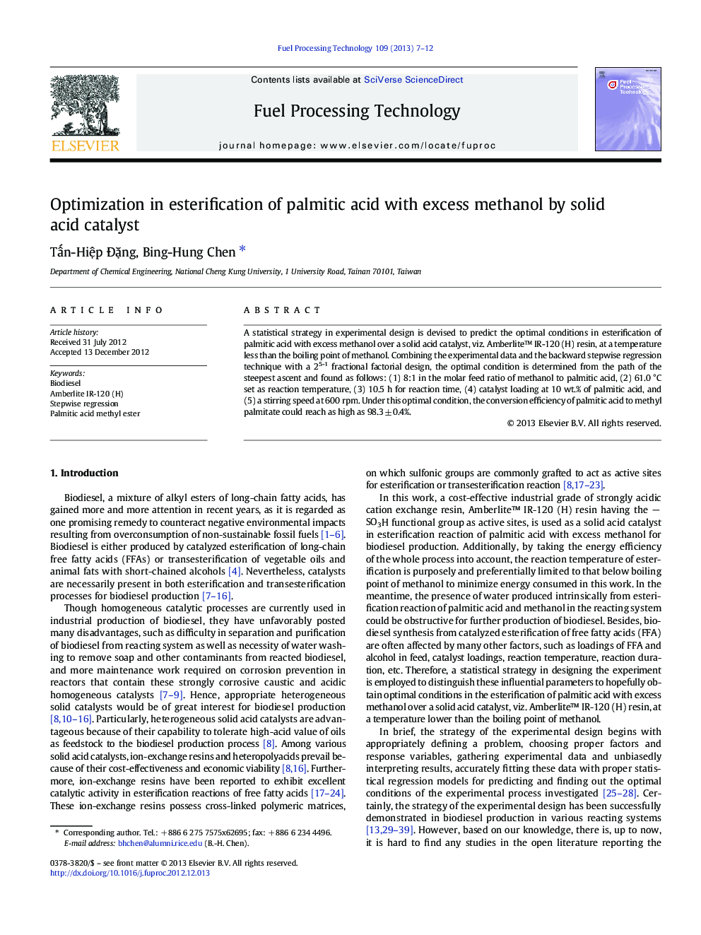 Optimization in esterification of palmitic acid with excess methanol by solid acid catalyst