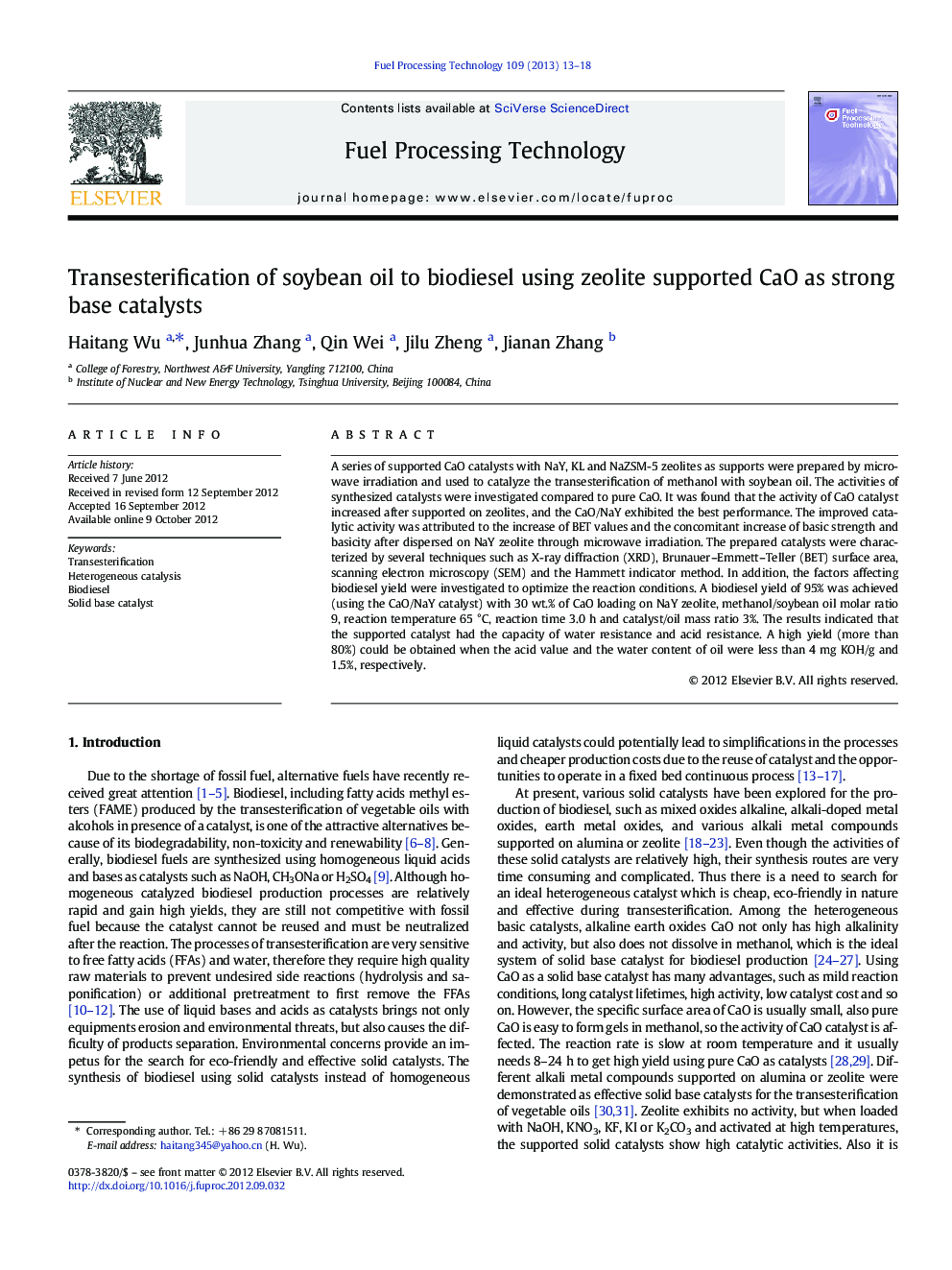 Transesterification of soybean oil to biodiesel using zeolite supported CaO as strong base catalysts