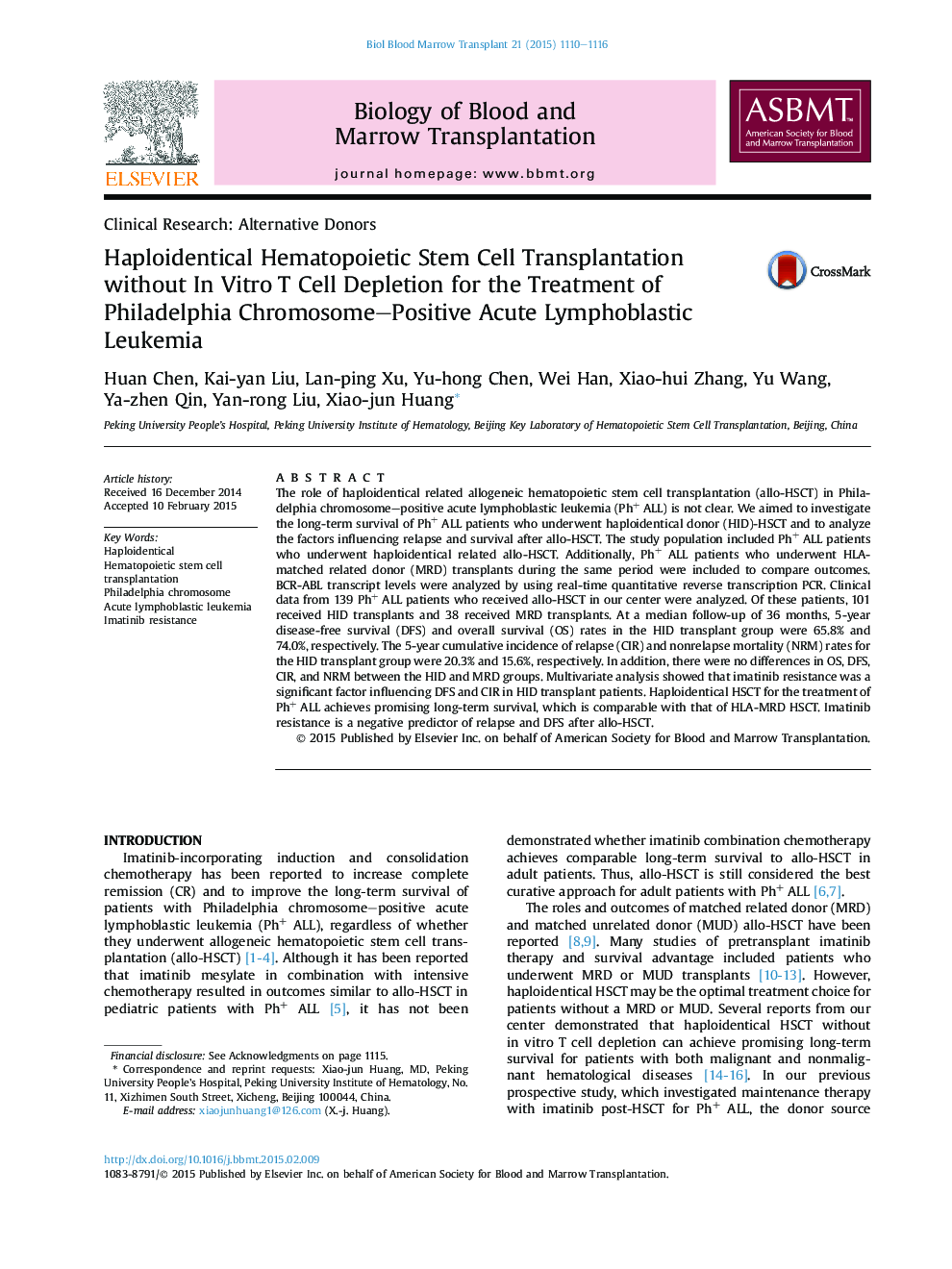 Haploidentical Hematopoietic Stem Cell Transplantation without In Vitro T Cell Depletion for the Treatment of Philadelphia Chromosome–Positive Acute Lymphoblastic Leukemia 