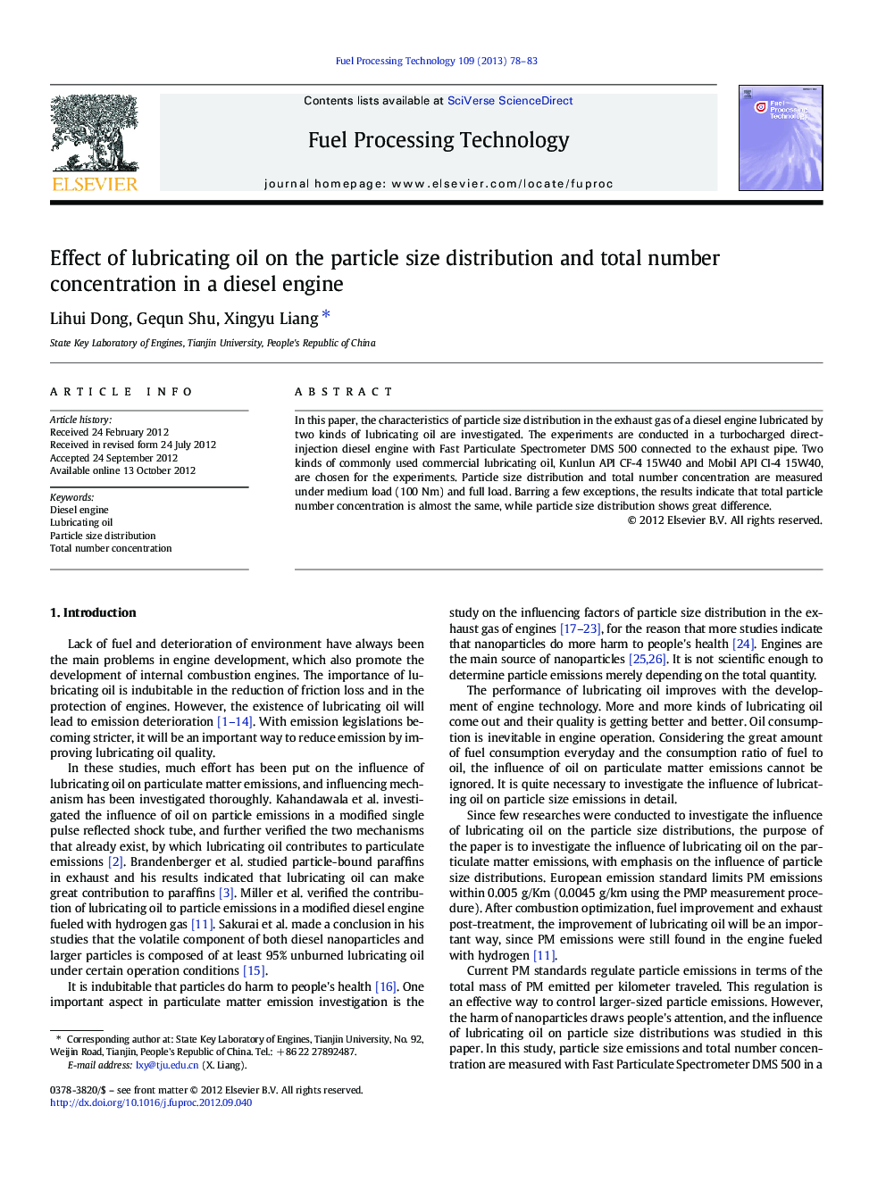 Effect of lubricating oil on the particle size distribution and total number concentration in a diesel engine