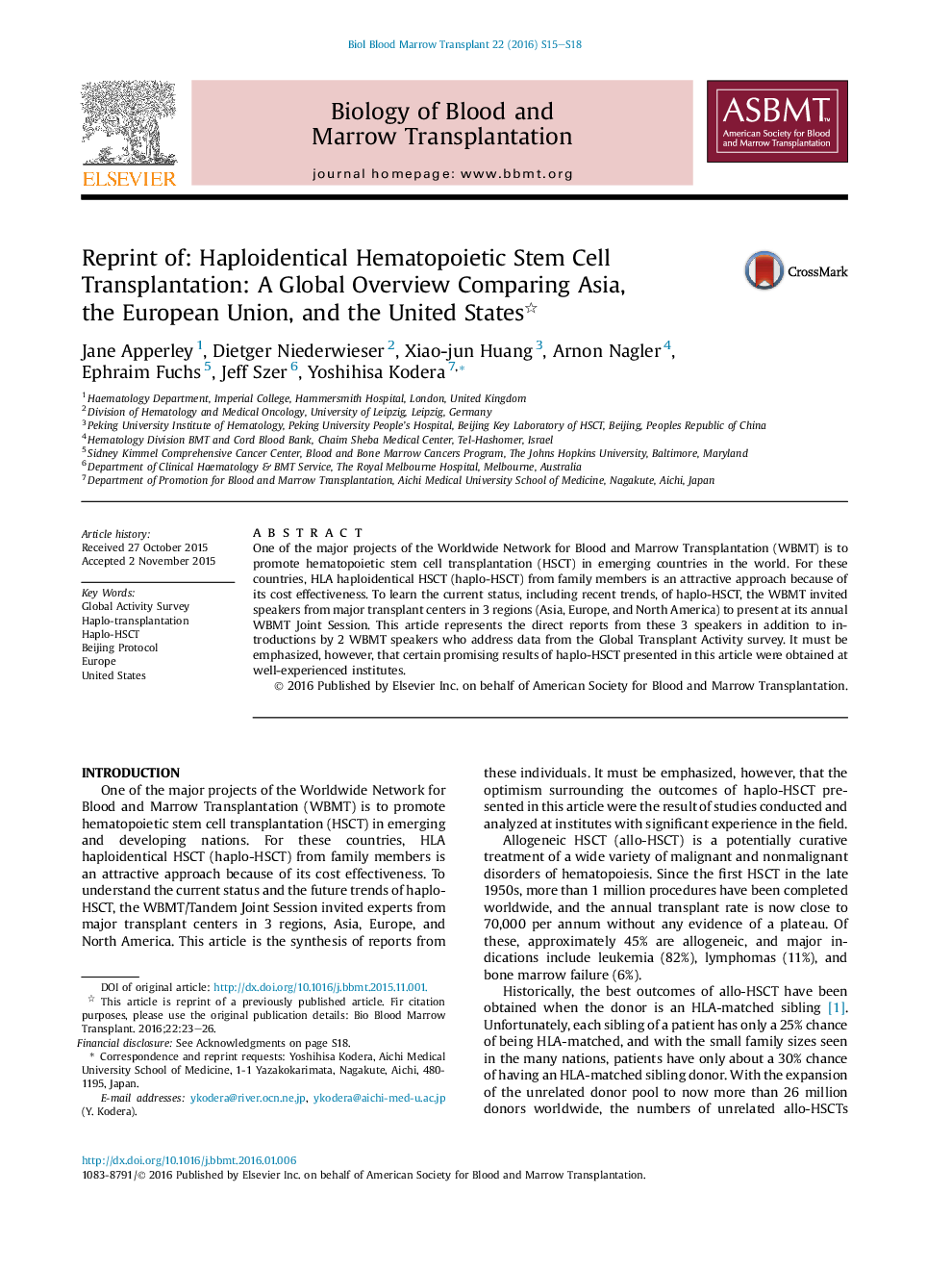 Reprint of: Haploidentical Hematopoietic Stem Cell Transplantation: A Global Overview Comparing Asia, the European Union, and the United States 