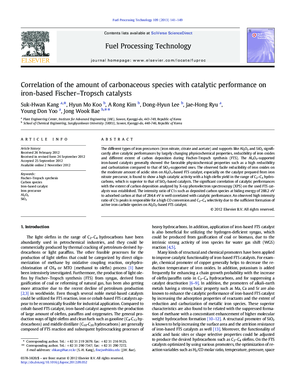 Correlation of the amount of carbonaceous species with catalytic performance on iron-based Fischer–Tropsch catalysts