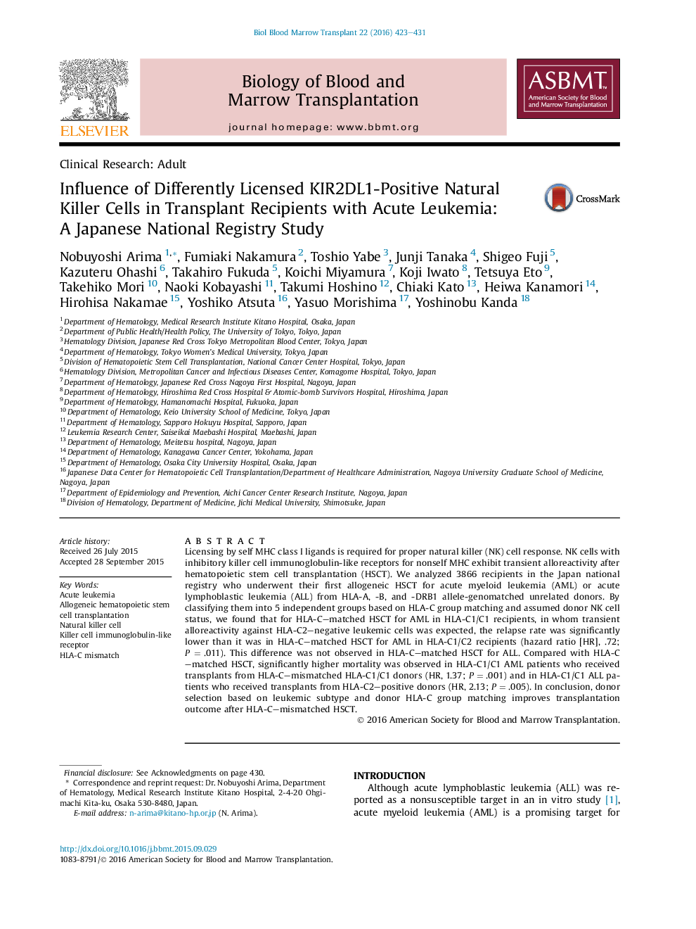 Influence of Differently Licensed KIR2DL1-Positive Natural Killer Cells in Transplant Recipients with Acute Leukemia: A Japanese National Registry Study 