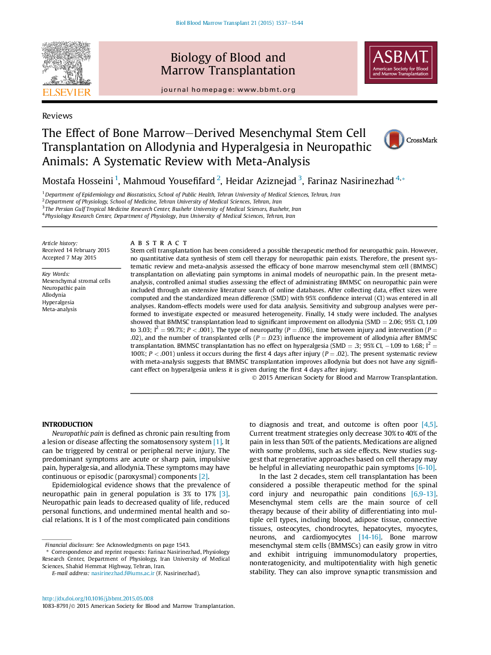 The Effect of Bone Marrow–Derived Mesenchymal Stem Cell Transplantation on Allodynia and Hyperalgesia in Neuropathic Animals: A Systematic Review with Meta-Analysis 