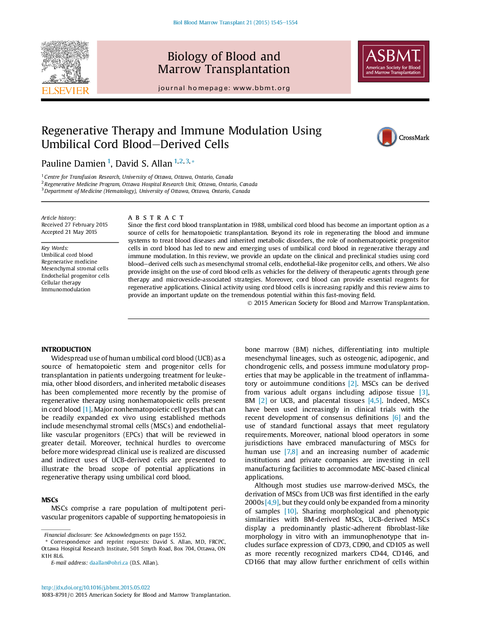 Regenerative Therapy and Immune Modulation Using Umbilical Cord Blood-Derived Cells