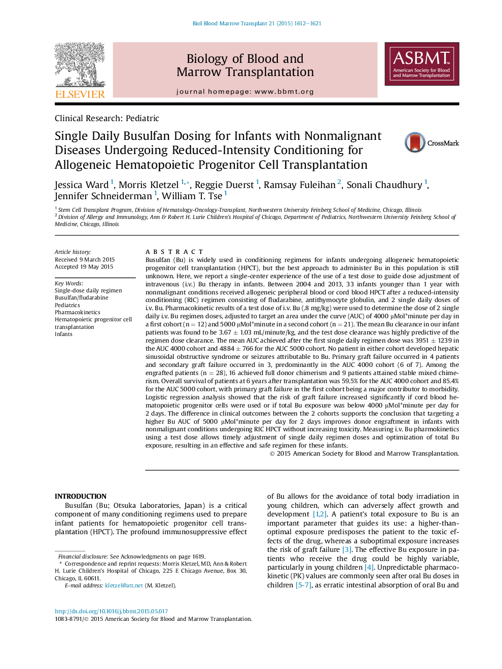 Single Daily Busulfan Dosing for Infants with Nonmalignant Diseases Undergoing Reduced-Intensity Conditioning for Allogeneic Hematopoietic Progenitor Cell Transplantation