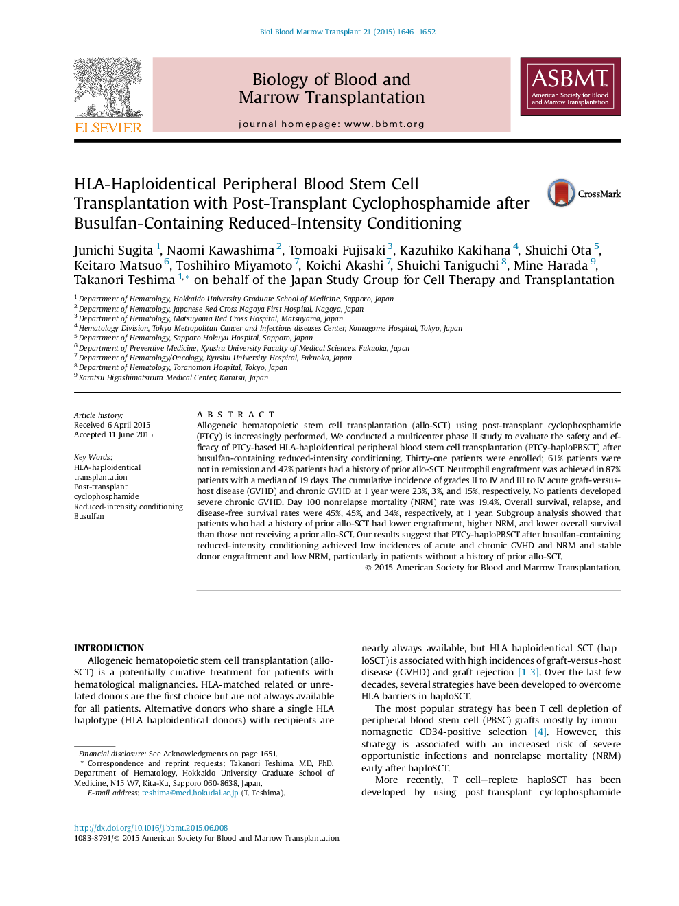 HLA-Haploidentical Peripheral Blood Stem Cell Transplantation with Post-Transplant Cyclophosphamide after Busulfan-Containing Reduced-Intensity Conditioning 