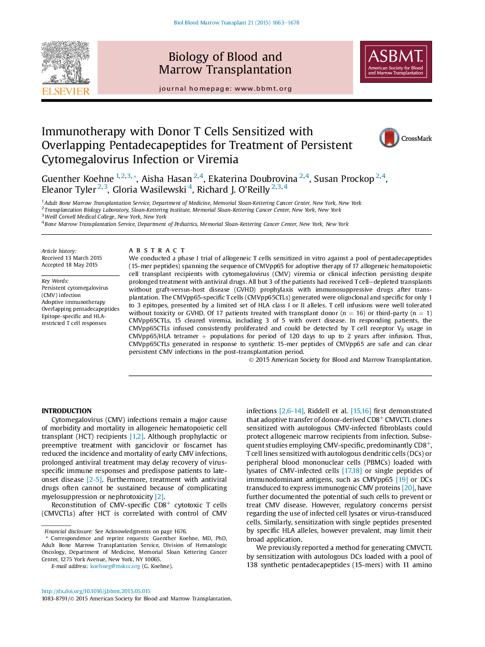 Immunotherapy with Donor T Cells Sensitized with Overlapping Pentadecapeptides for Treatment of Persistent Cytomegalovirus Infection or Viremia 