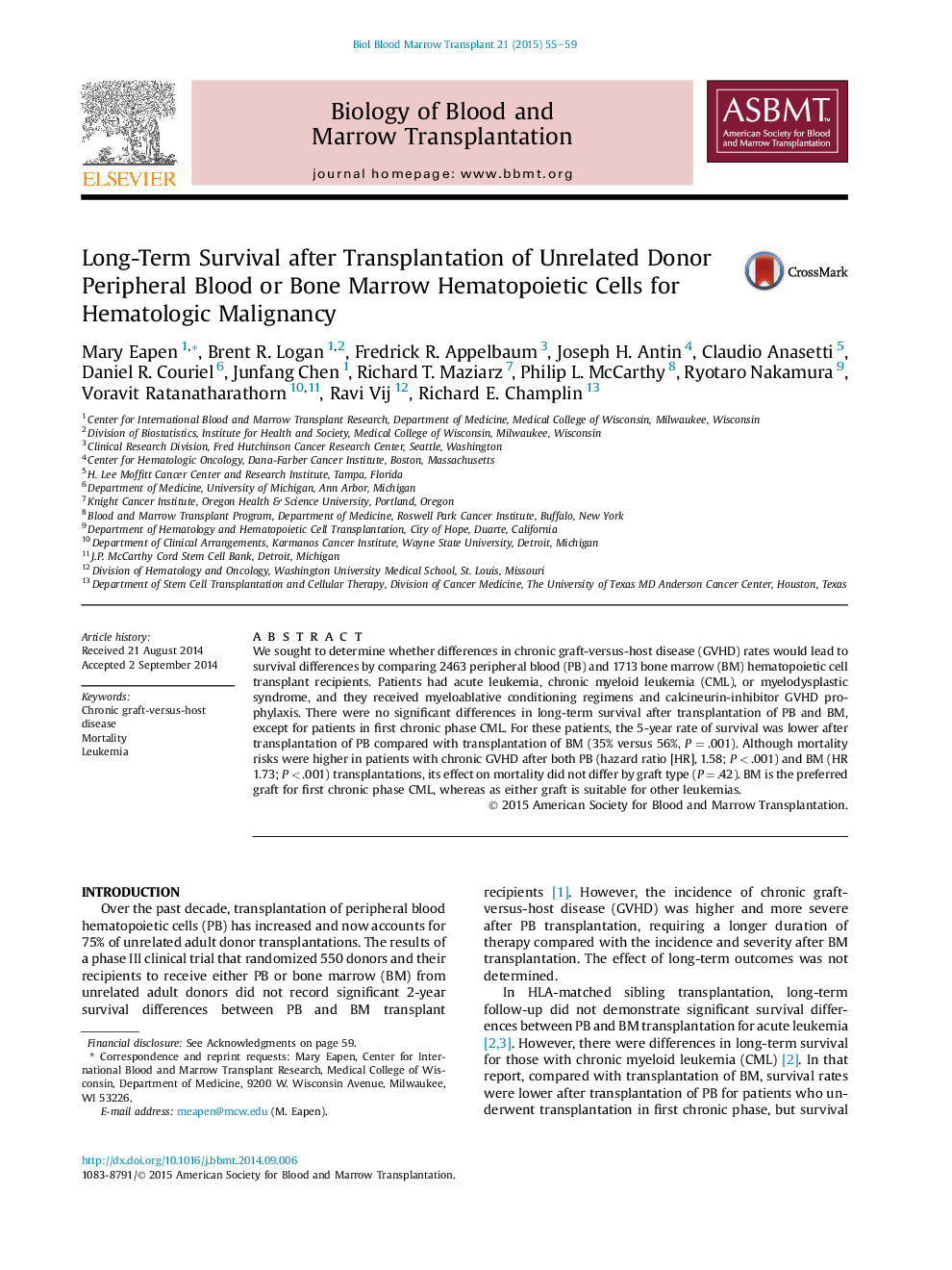 Long-Term Survival after Transplantation of Unrelated Donor Peripheral Blood or Bone Marrow Hematopoietic Cells for Hematologic Malignancy 