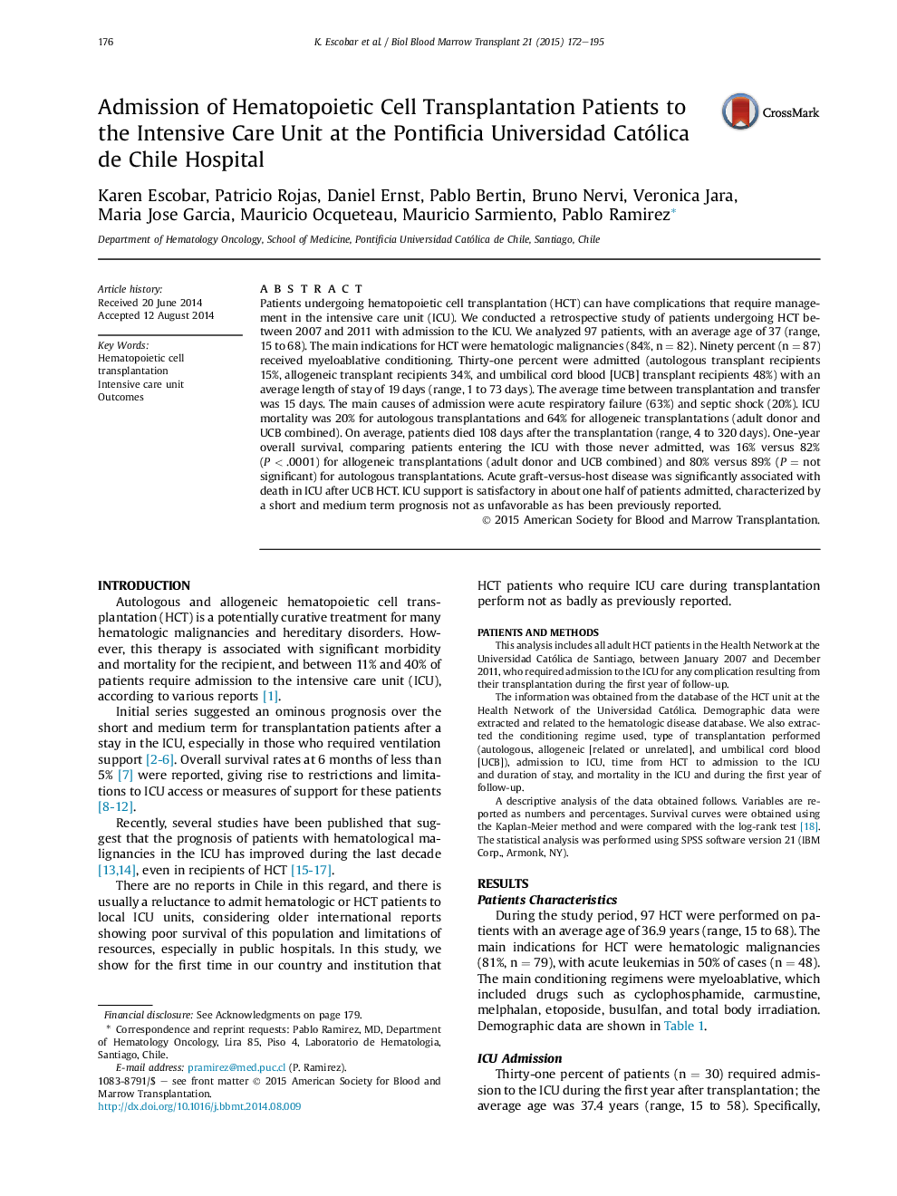 Admission of Hematopoietic Cell Transplantation Patients to the Intensive Care Unit at the Pontificia Universidad Católica de Chile Hospital 