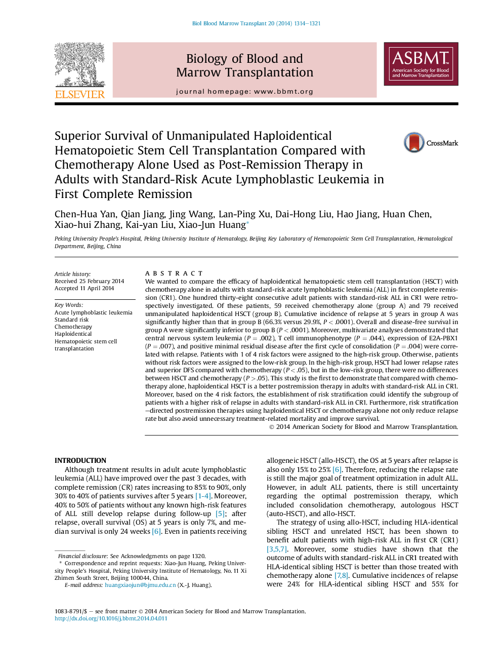 Superior Survival of Unmanipulated Haploidentical Hematopoietic Stem Cell Transplantation Compared with Chemotherapy Alone Used as Post-Remission Therapy in Adults with Standard-Risk Acute Lymphoblastic Leukemia in First Complete Remission 