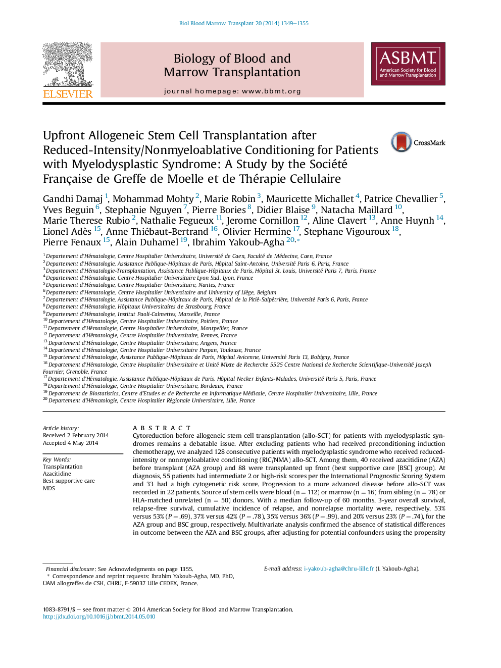 Upfront Allogeneic Stem Cell Transplantation after Reduced-Intensity/Nonmyeloablative Conditioning for Patients with Myelodysplastic Syndrome: A Study by the Société Française de Greffe de Moelle et de Thérapie Cellulaire 