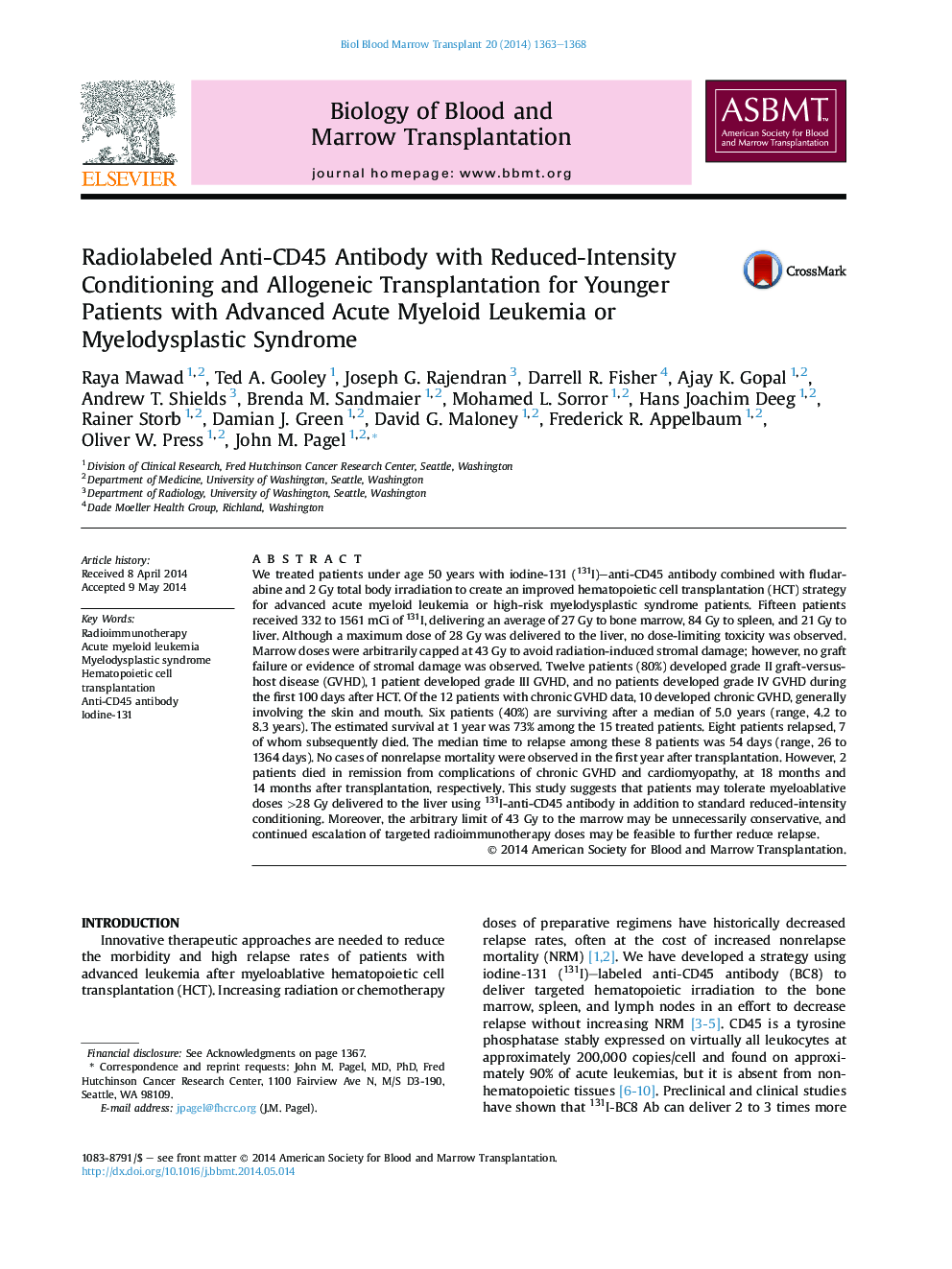 Radiolabeled Anti-CD45 Antibody with Reduced-Intensity Conditioning and Allogeneic Transplantation for Younger Patients with Advanced Acute Myeloid Leukemia or Myelodysplastic Syndrome 