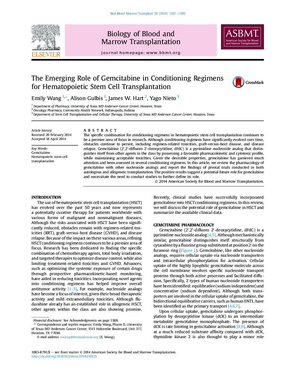 The Emerging Role of Gemcitabine in Conditioning Regimens for Hematopoietic Stem Cell Transplantation 