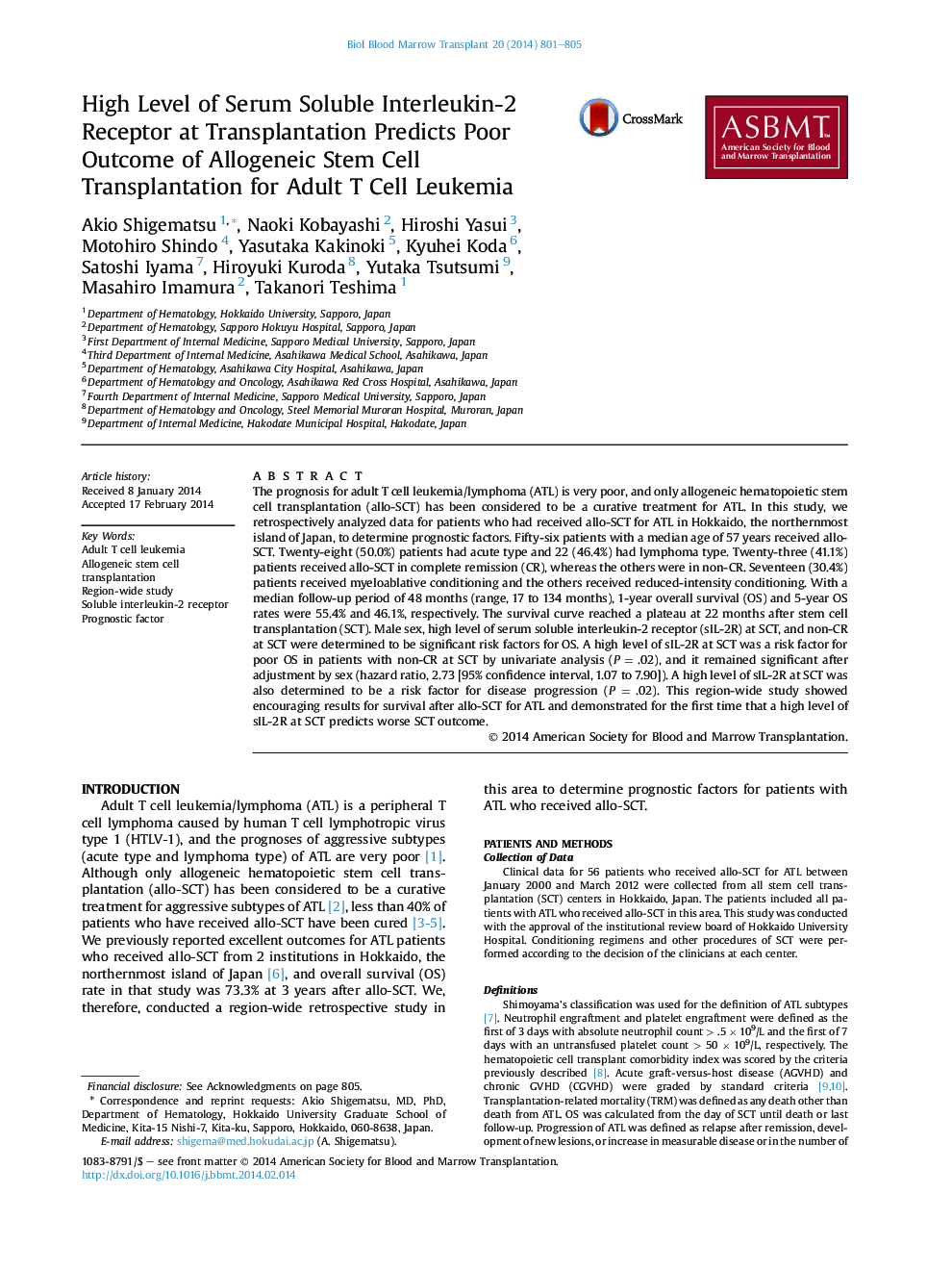 High Level of Serum Soluble Interleukin-2 Receptor at Transplantation Predicts Poor Outcome of Allogeneic Stem Cell Transplantation for Adult T Cell Leukemia 