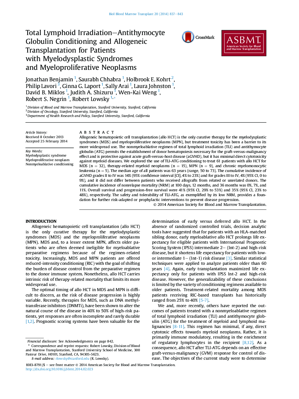 Total Lymphoid Irradiation–Antithymocyte Globulin Conditioning and Allogeneic Transplantation for Patients with Myelodysplastic Syndromes and Myeloproliferative Neoplasms 