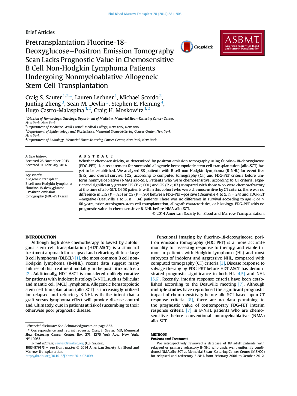 Pretransplantation Fluorine-18-Deoxyglucose–Positron Emission Tomography Scan Lacks Prognostic Value in Chemosensitive B Cell Non-Hodgkin Lymphoma Patients Undergoing Nonmyeloablative Allogeneic Stem Cell Transplantation 