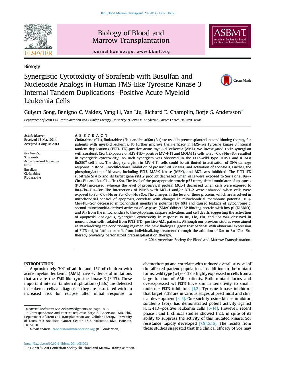 Synergistic Cytotoxicity of Sorafenib with Busulfan and Nucleoside Analogs in Human FMS-like Tyrosine Kinase 3 Internal Tandem Duplications–Positive Acute Myeloid Leukemia Cells 