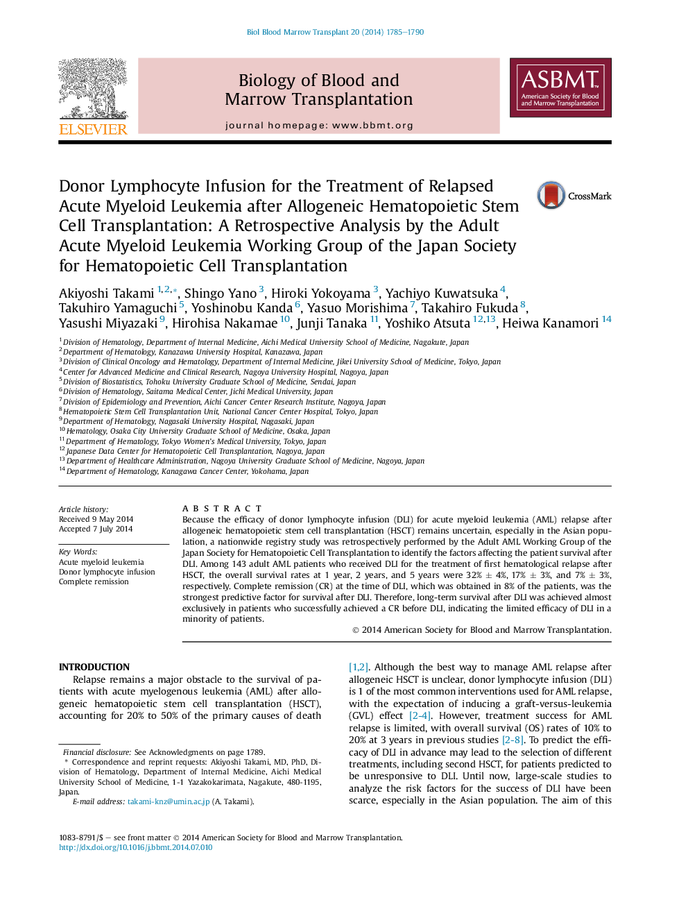 Donor Lymphocyte Infusion for the Treatment of Relapsed Acute Myeloid Leukemia after Allogeneic Hematopoietic Stem Cell Transplantation: A Retrospective Analysis by the Adult Acute Myeloid Leukemia Working Group of the Japan Society for Hematopoietic Cell