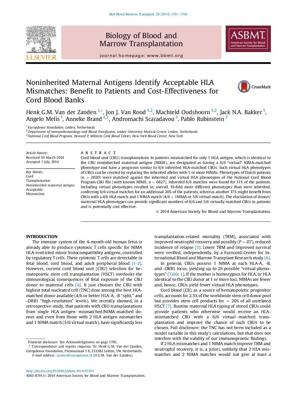 Noninherited Maternal Antigens Identify Acceptable HLA Mismatches: Benefit to Patients and Cost-Effectiveness for Cord Blood Banks 