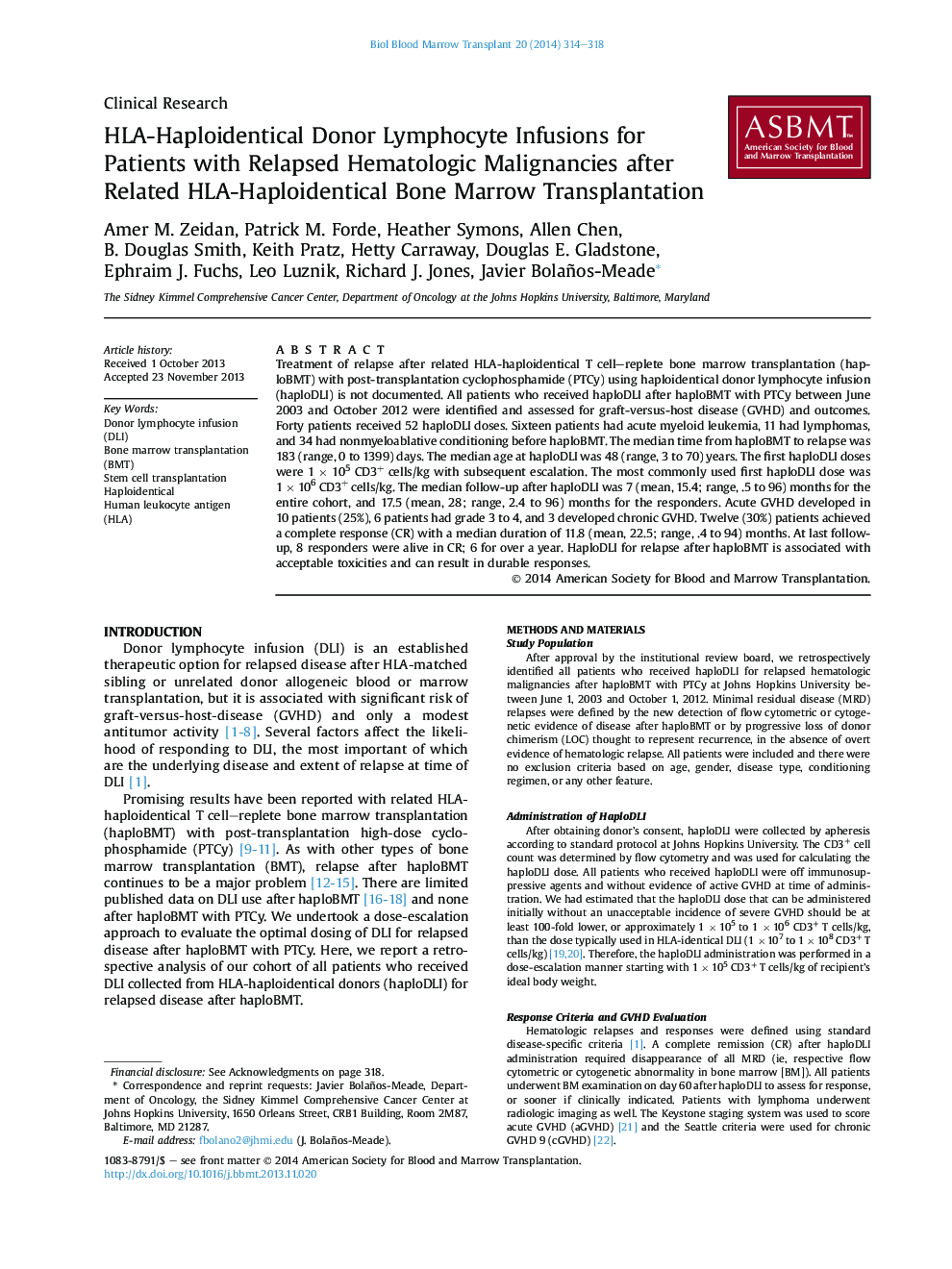 HLA-Haploidentical Donor Lymphocyte Infusions for Patients with Relapsed Hematologic Malignancies after Related HLA-Haploidentical Bone Marrow Transplantation 