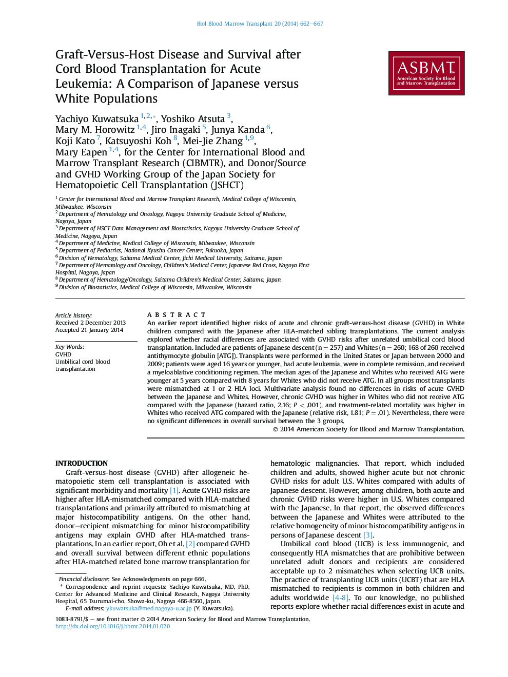 Graft-Versus-Host Disease and Survival after Cord Blood Transplantation for Acute Leukemia: A Comparison of Japanese versus White Populations 