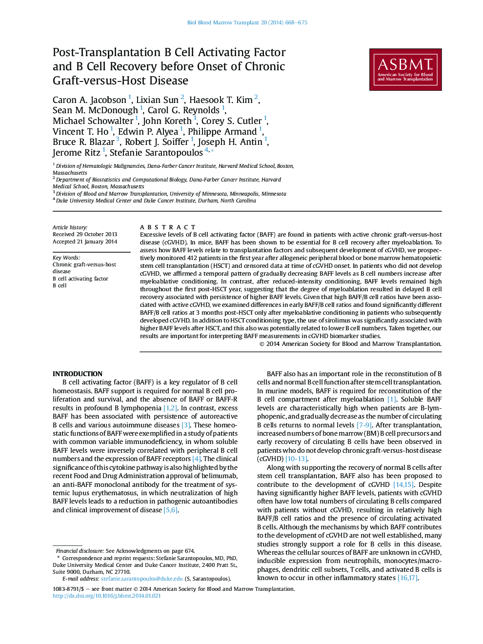 Post-Transplantation B Cell Activating Factor and B Cell Recovery before Onset of Chronic Graft-versus-Host Disease 