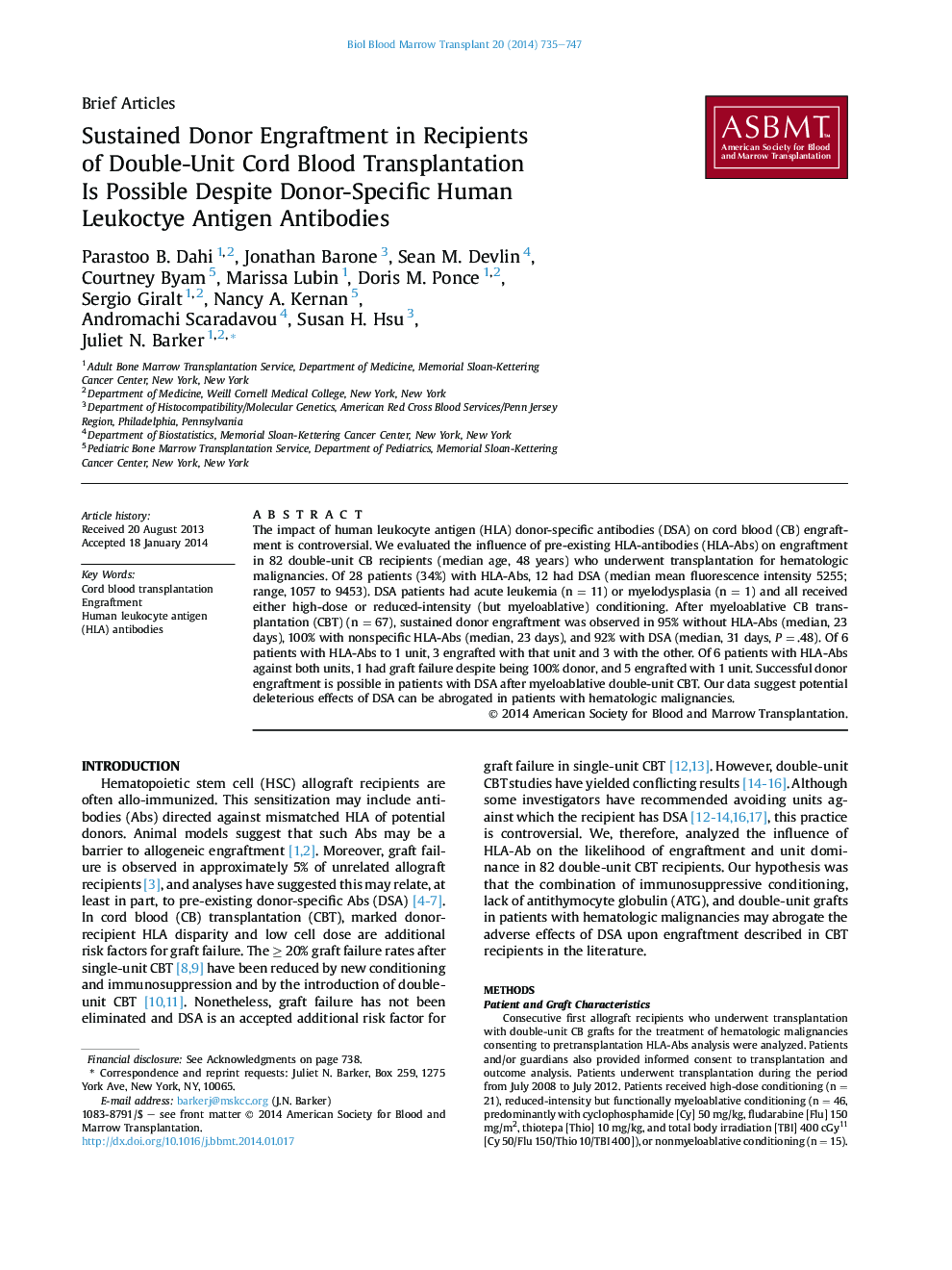 Sustained Donor Engraftment in Recipients of Double-Unit Cord Blood Transplantation Is Possible Despite Donor-Specific Human Leukoctye Antigen Antibodies 