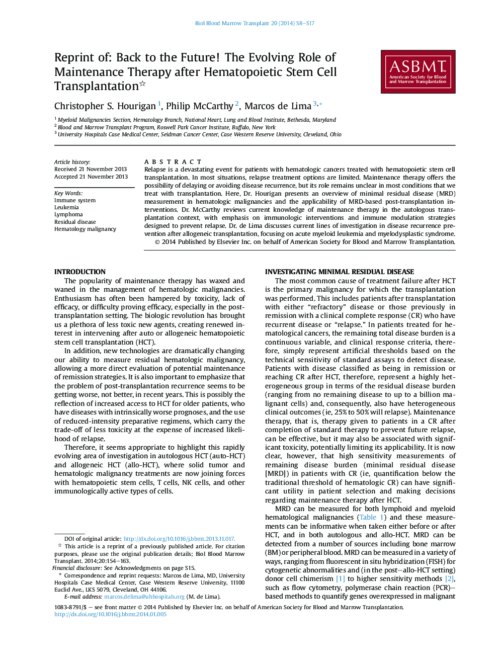 Reprint of: Back to the Future! The Evolving Role of Maintenance Therapy after Hematopoietic Stem Cell Transplantation 