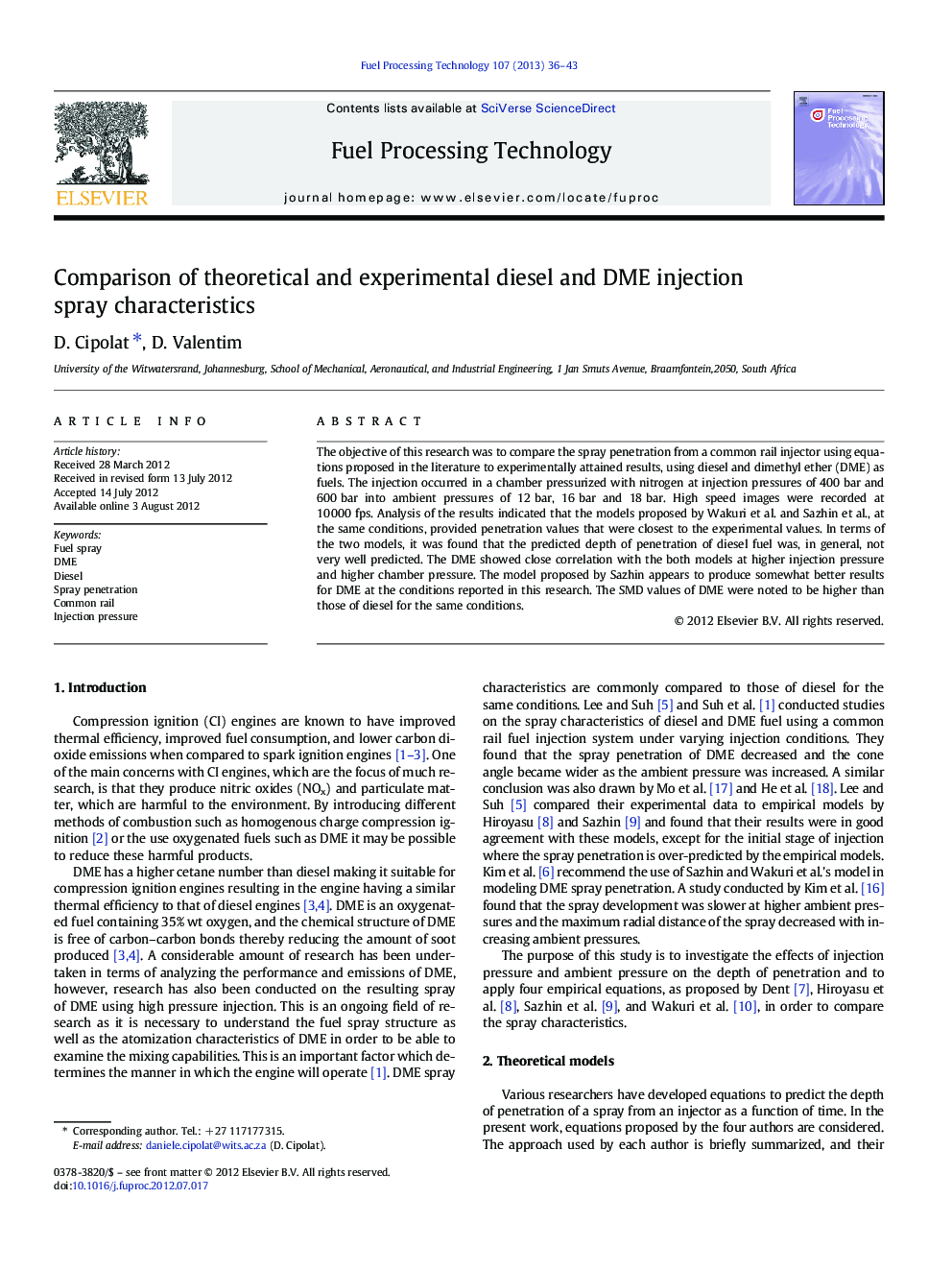 Comparison of theoretical and experimental diesel and DME injection spray characteristics