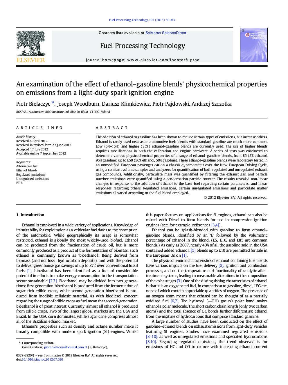 An examination of the effect of ethanol–gasoline blends' physicochemical properties on emissions from a light-duty spark ignition engine