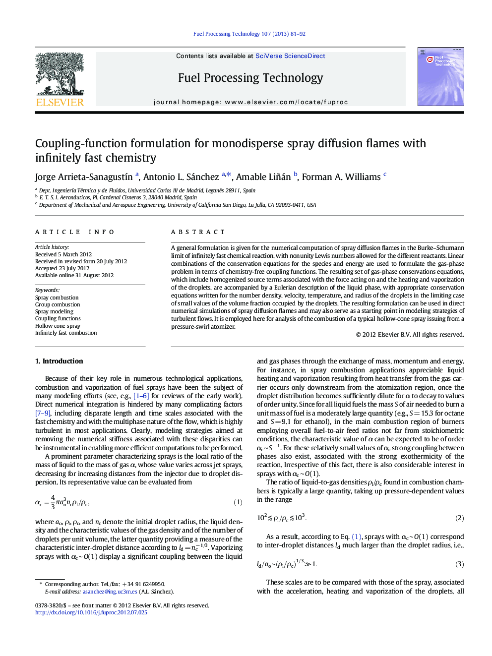 Coupling-function formulation for monodisperse spray diffusion flames with infinitely fast chemistry