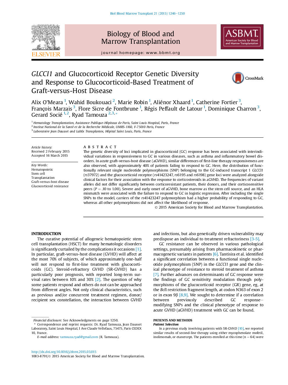 GLCCI1 and Glucocorticoid Receptor Genetic Diversity and Response to Glucocorticoid-Based Treatment of Graft-versus-Host Disease 