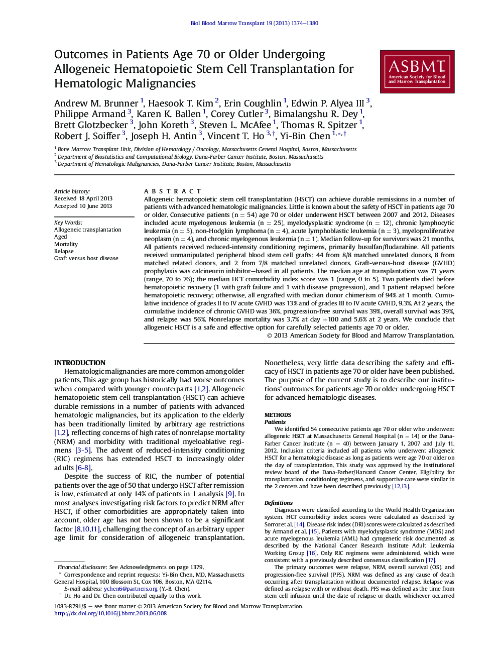 Outcomes in Patients Age 70 or Older Undergoing Allogeneic Hematopoietic Stem Cell Transplantation for Hematologic Malignancies 