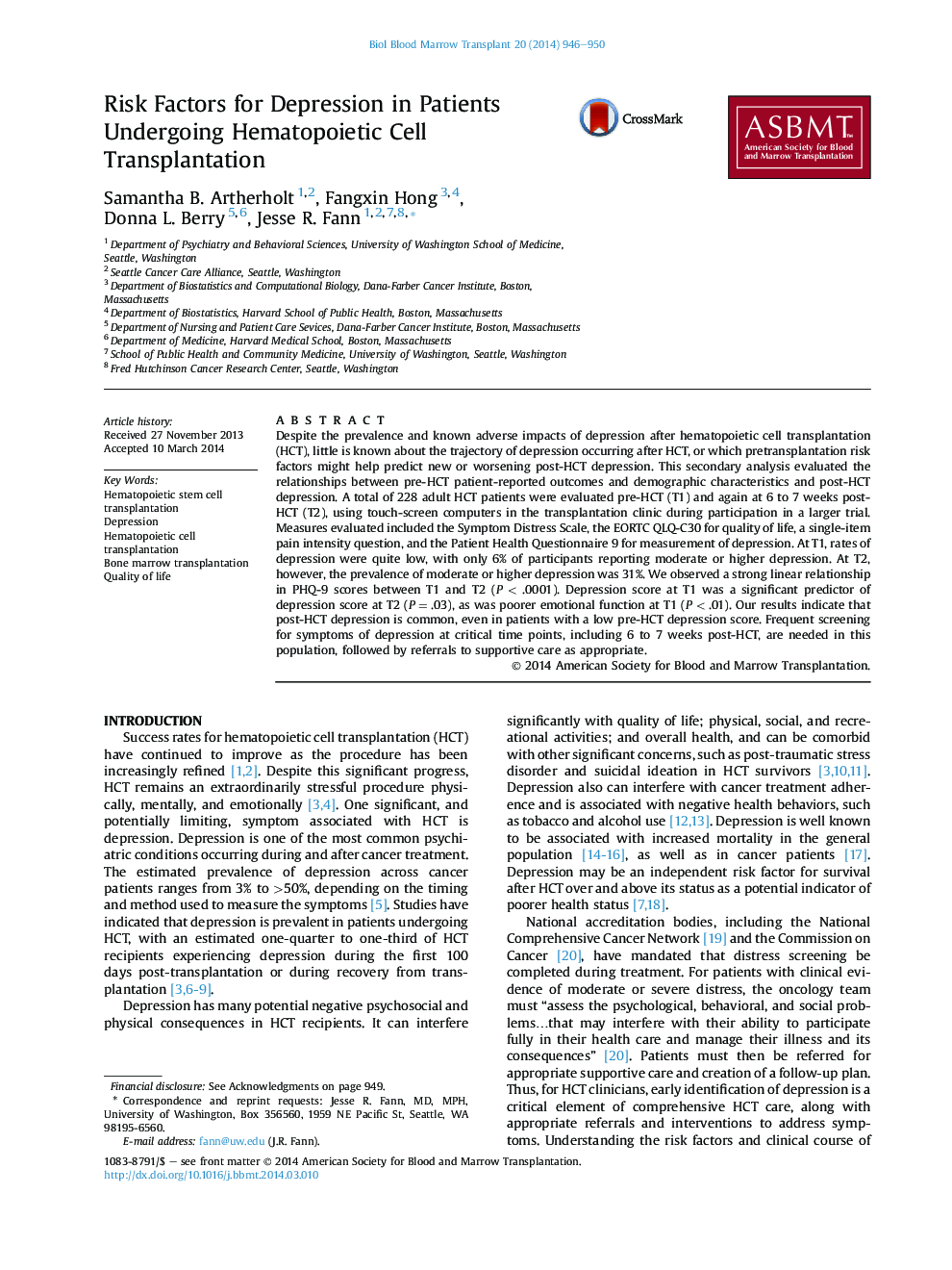 Risk Factors for Depression in Patients Undergoing Hematopoietic Cell Transplantation 