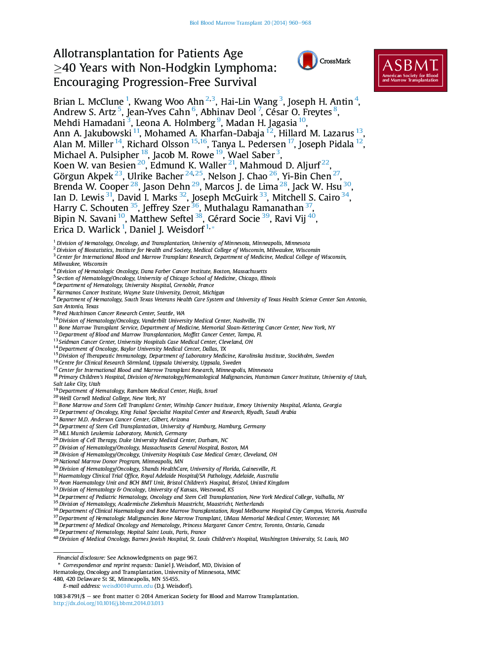 Allotransplantation for Patients Age ≥40 Years with Non-Hodgkin Lymphoma: Encouraging Progression-Free Survival 