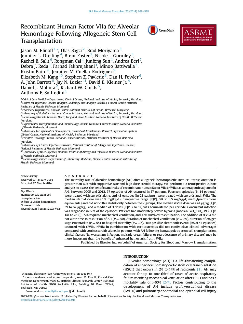 Recombinant Human Factor VIIa for Alveolar Hemorrhage Following Allogeneic Stem Cell Transplantation 