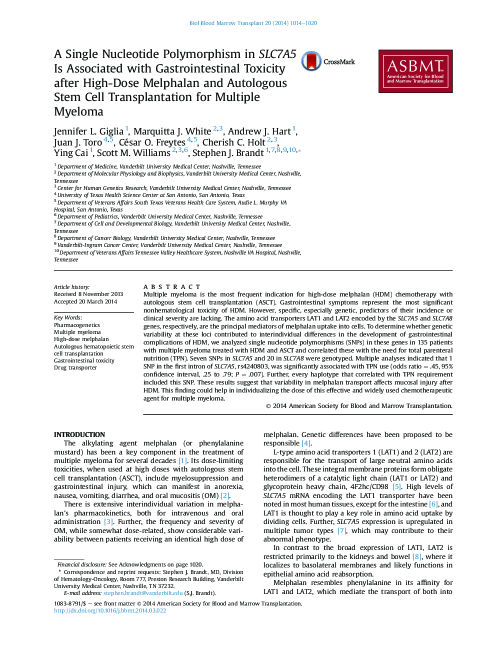 A Single Nucleotide Polymorphism in SLC7A5 Is Associated with Gastrointestinal Toxicity after High-Dose Melphalan and Autologous Stem Cell Transplantation for Multiple Myeloma 