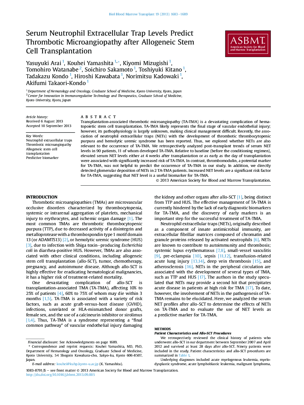 Serum Neutrophil Extracellular Trap Levels Predict Thrombotic Microangiopathy after Allogeneic Stem Cell Transplantation 