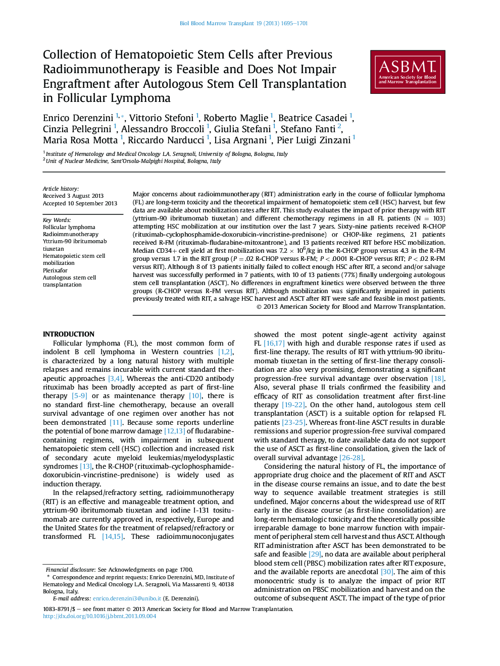 Collection of Hematopoietic Stem Cells after Previous Radioimmunotherapy is Feasible and Does Not Impair Engraftment after Autologous Stem Cell Transplantation in Follicular Lymphoma 