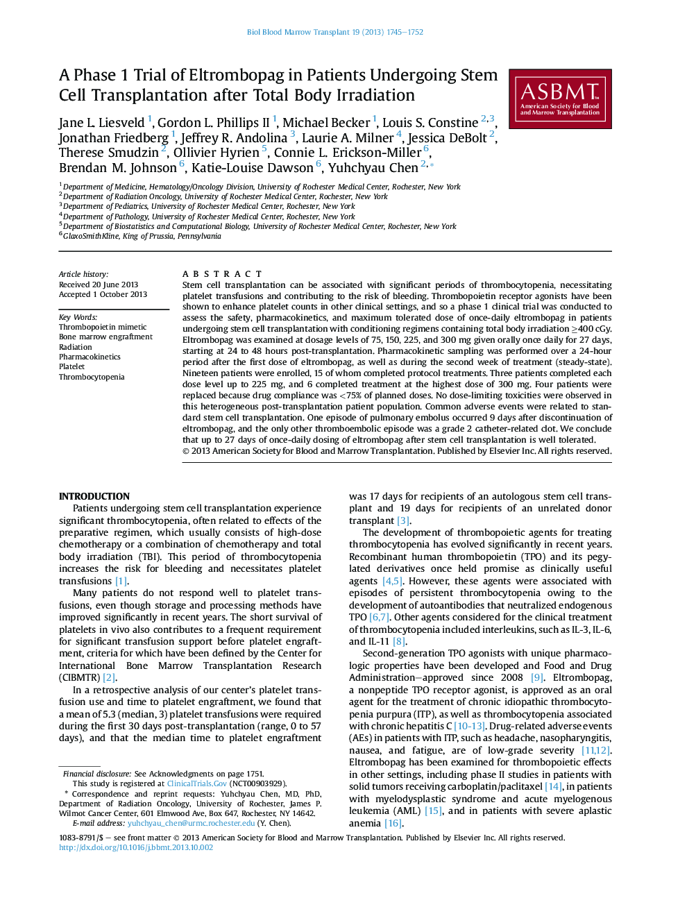 A Phase 1 Trial of Eltrombopag in Patients Undergoing Stem Cell Transplantation after Total Body Irradiation 