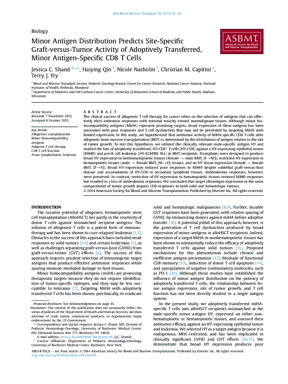 Minor Antigen Distribution Predicts Site-Specific Graft-versus-Tumor Activity of Adoptively Transferred, Minor Antigen-Specific CD8 T Cells 