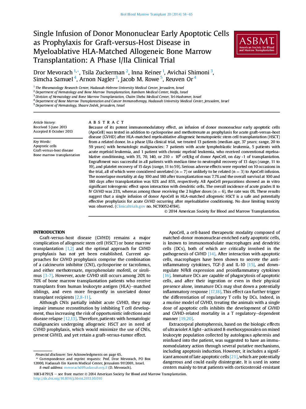 Single Infusion of Donor Mononuclear Early Apoptotic Cells as Prophylaxis for Graft-versus-Host Disease in Myeloablative HLA-Matched Allogeneic Bone Marrow Transplantation: A Phase I/IIa Clinical Trial 