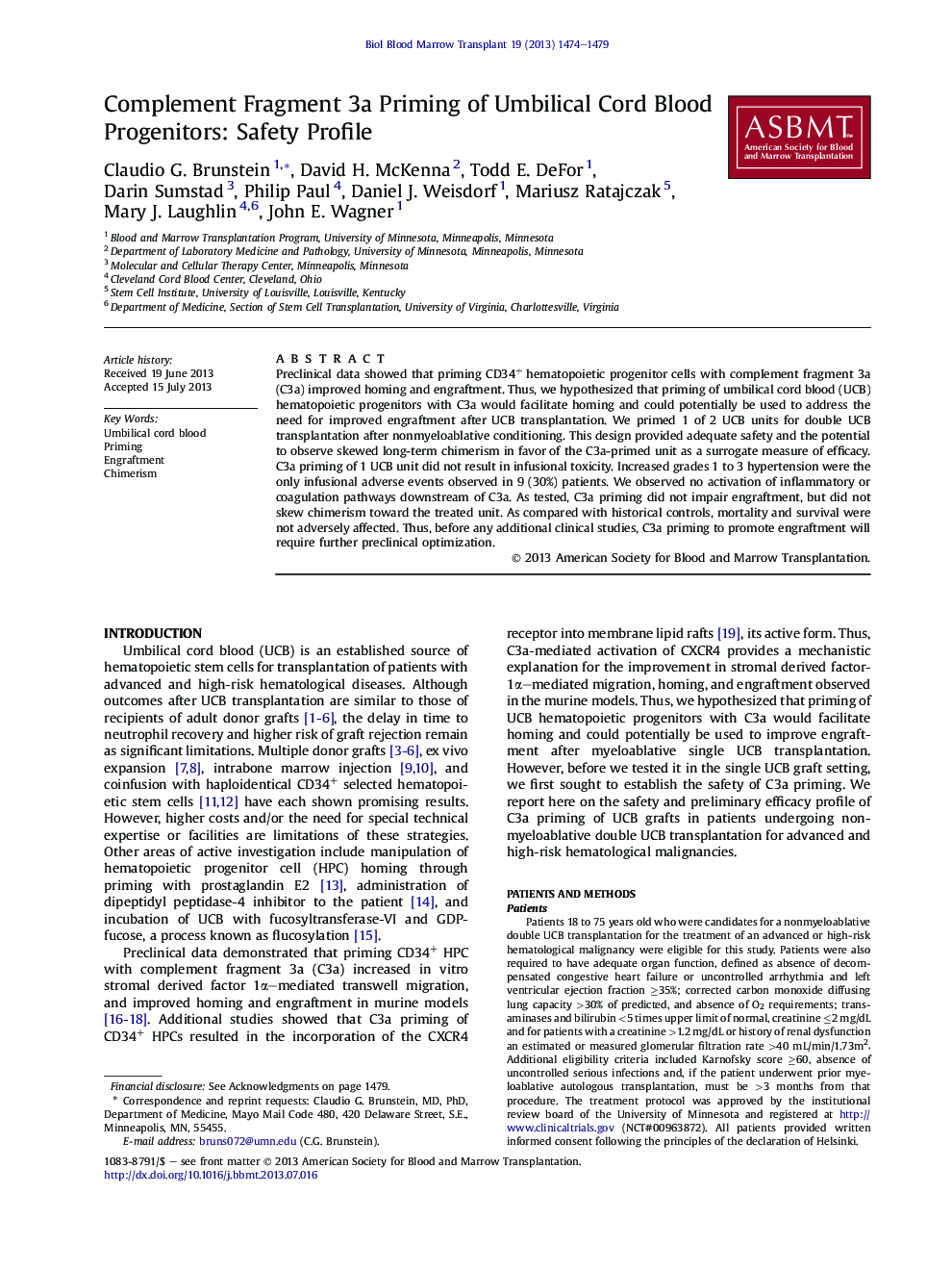 Complement Fragment 3a Priming of Umbilical Cord Blood Progenitors: Safety Profile 